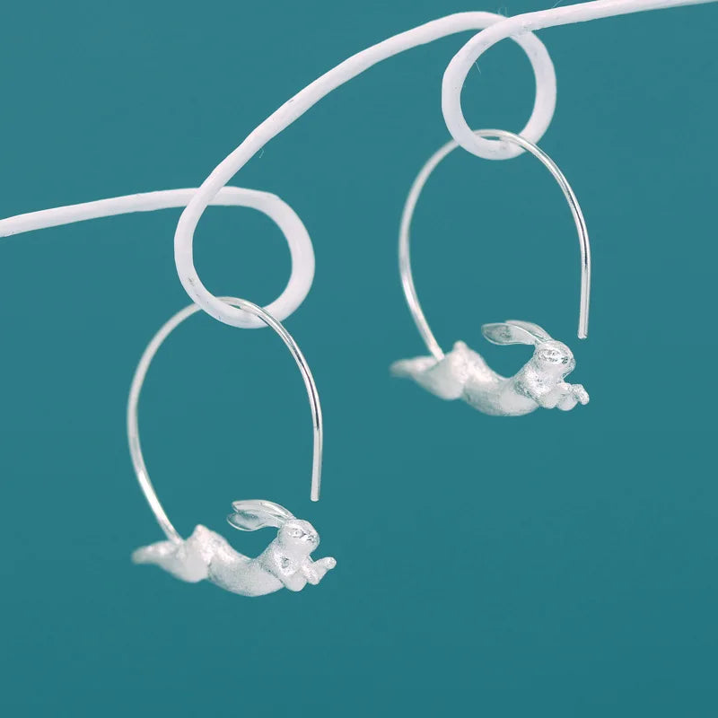 Sterling Silver Flying Rabbit Circle Hoop Earrings for Women