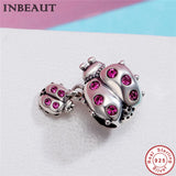 925 Silver Pink Zircon Ladybug Pendant Clear CZ Flying Animal Charm