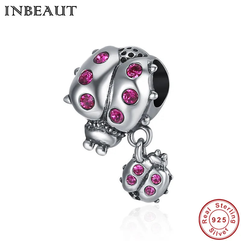 925 Silver Pink Zircon Ladybug Pendant Clear CZ Flying Animal Charm