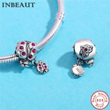 925 Silver Pink Zircon Ladybug Pendant Clear CZ Flying Animal Charm