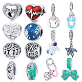 925 Sterling Silver Family Sister Heart Charms Astronaut Bikini Beads Bracelet