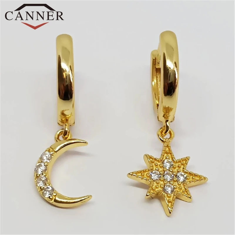 925 Silver Star Moon Zircon Hoop Earrings for Women Silver Round Earrings