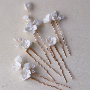 Ceramic Flower Leaf Bridal Hair Pins Set Wedding Headpiece