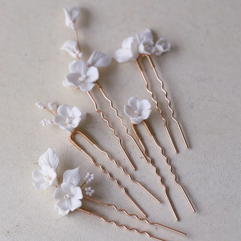 Ceramic Flower Leaf Bridal Hair Pins Set Wedding Headpiece