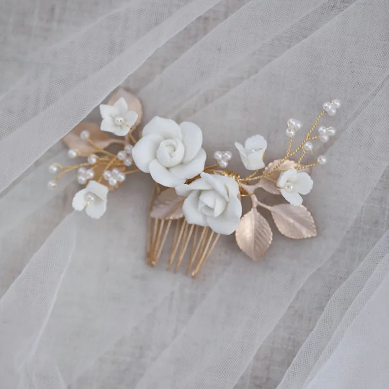 Ceramic Flower Small Comb Bridal Hair Piece Wedding Accessories Women Earrings