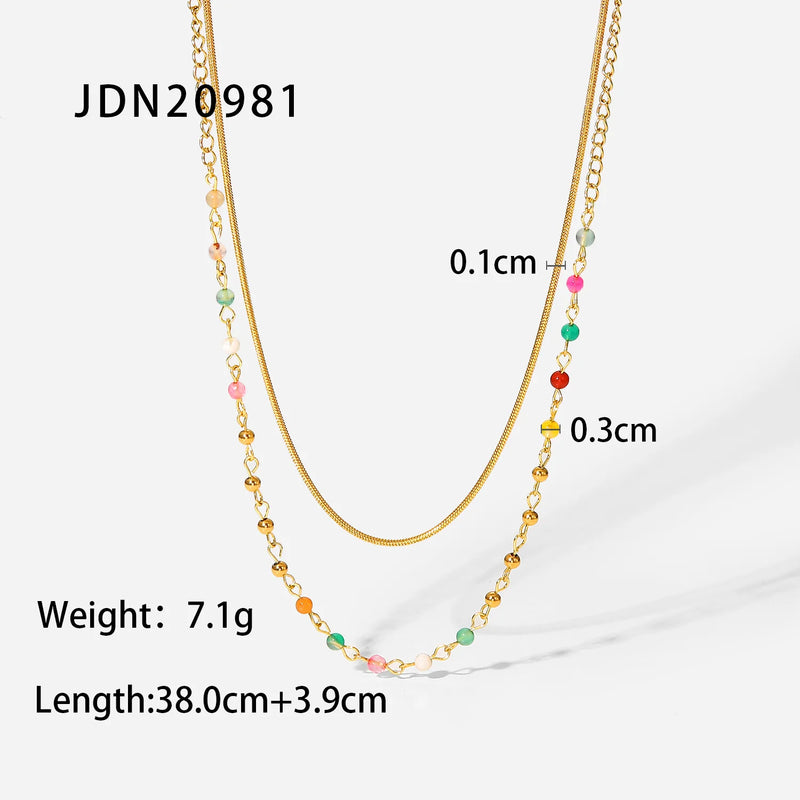 Colorful Stone Beads 18K Stainless Steel Double Necklace