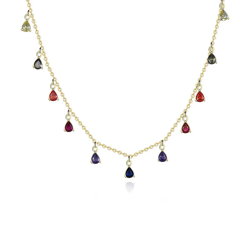 Colorful Tassel Water Drop Zircon Necklace for Women 925 Sterling Silver