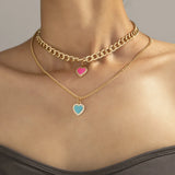 Multicolor Peach Heart Multilayer Necklace Love Chain Pearl Necklace