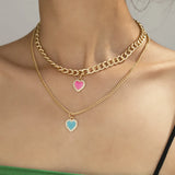 Multicolor Peach Heart Multilayer Necklace Love Chain Pearl Necklace