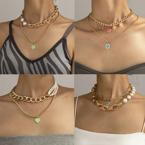 Multicolor Peach Heart Multilayer Necklace Love Chain Pearl Necklace