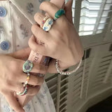 INS Pearl Colorful Rainbow Drop Oil Stitching Irregular Geometry Joint Ring