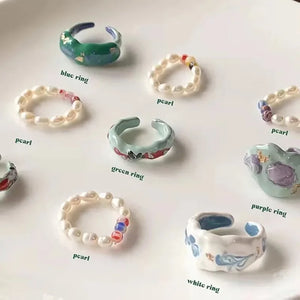 INS Pearl Colorful Rainbow Drop Oil Stitching Irregular Geometry Joint Ring