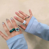 INS Pearl Colorful Rainbow Drop Oil Stitching Irregular Geometry Joint Ring