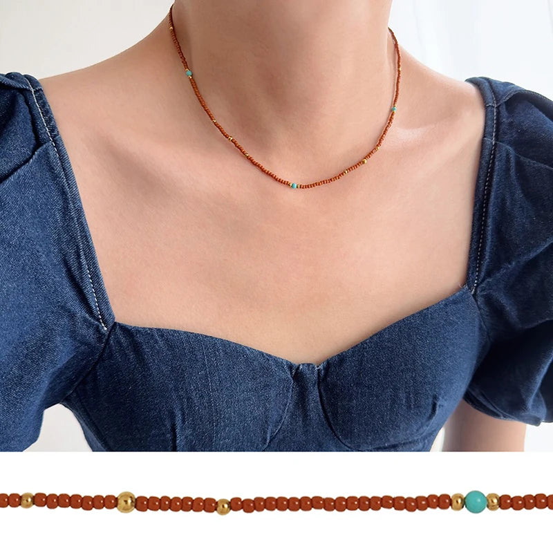 Vintage Warm Brown Seed Beads Necklace for Women