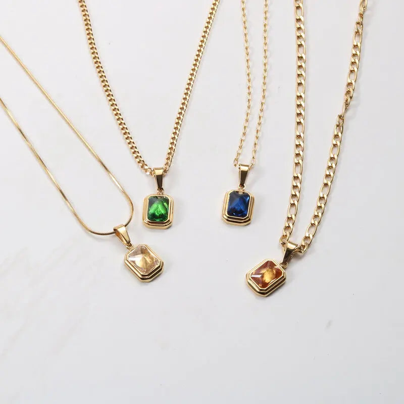Minimalist Green Multicolor CZ Square Pendant Necklace Women Gift