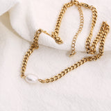 18K Plated Steel Miami Cuban Chain Pearl Charm Necklace for Women