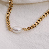 18K Plated Steel Miami Cuban Chain Pearl Charm Necklace for Women