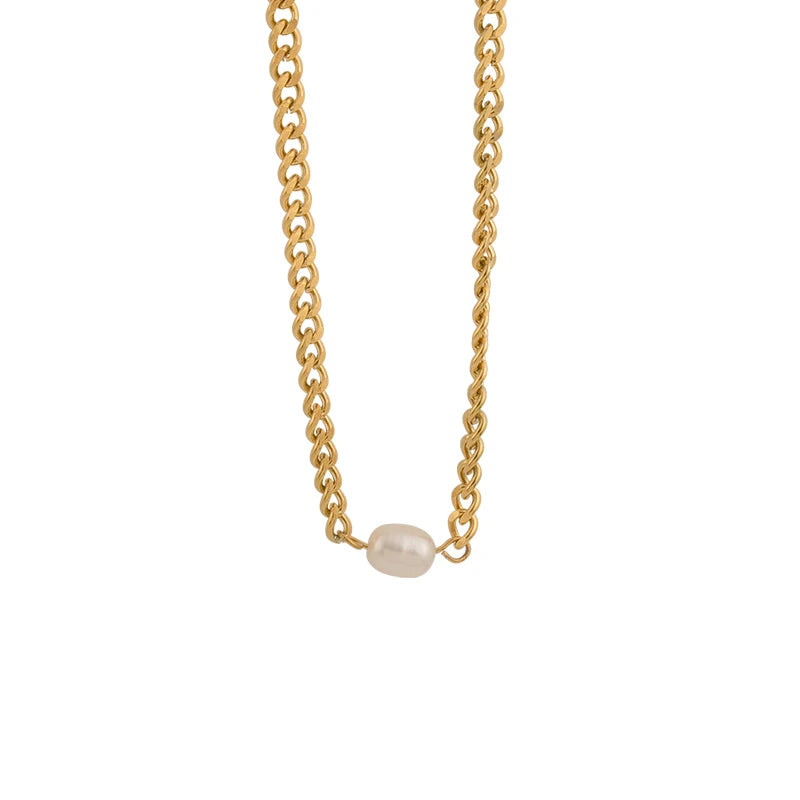 18K Plated Steel Miami Cuban Chain Pearl Charm Necklace for Women