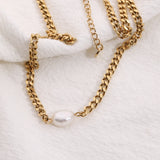 18K Plated Steel Miami Cuban Chain Pearl Charm Necklace for Women