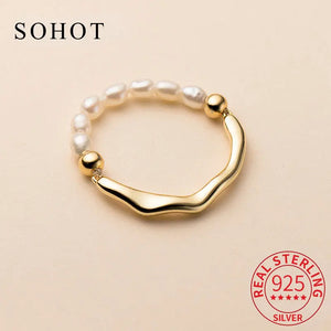 925 Silver Irregular Pearl Adjustable Ring Women Fine Jewelry