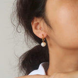 Stainless Steel Round Pearl Drop Huggie Earrings for Women