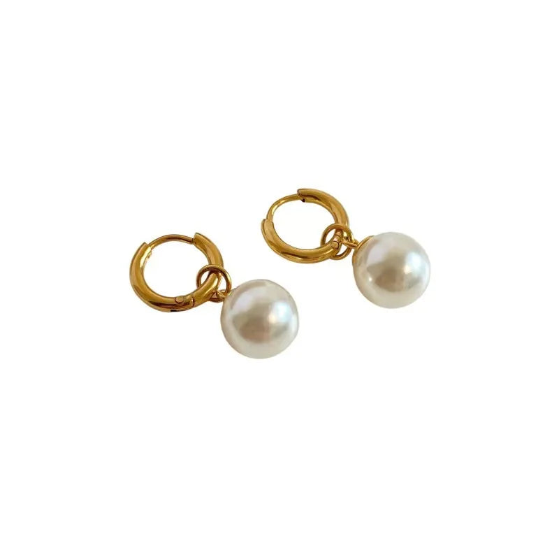 Stainless Steel Round Pearl Drop Huggie Earrings for Women