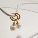 Stainless Steel Round Pearl Drop Huggie Earrings for Women