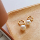 Stainless Steel Round Pearl Drop Huggie Earrings for Women