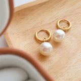 Stainless Steel Round Pearl Drop Huggie Earrings for Women