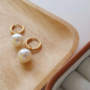 Stainless Steel Round Pearl Drop Huggie Earrings for Women