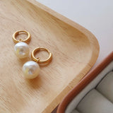 Stainless Steel Round Pearl Drop Huggie Earrings for Women