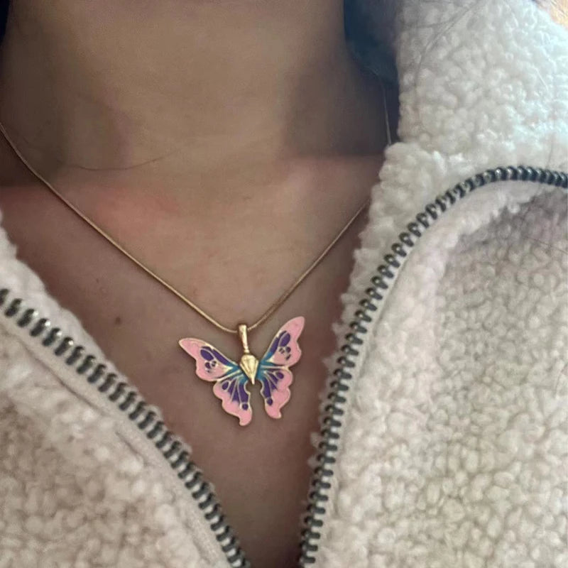 Colorful Dripping Oil Butterfly Pendant Necklace Enamel Rope Chain Jewelry