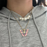 Colorful Dripping Oil Butterfly Pendant Necklace Enamel Rope Chain Jewelry