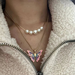 Colorful Dripping Oil Butterfly Pendant Necklace Enamel Rope Chain Jewelry