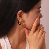 INS Stainless Steel Pearl Bead Dangle Earring Front Back C Shape Hoops