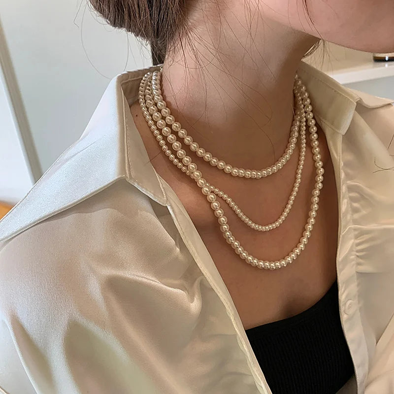 Vintage Multilayer Pearl Necklace Chokers Style Pearl Collarbone Chain