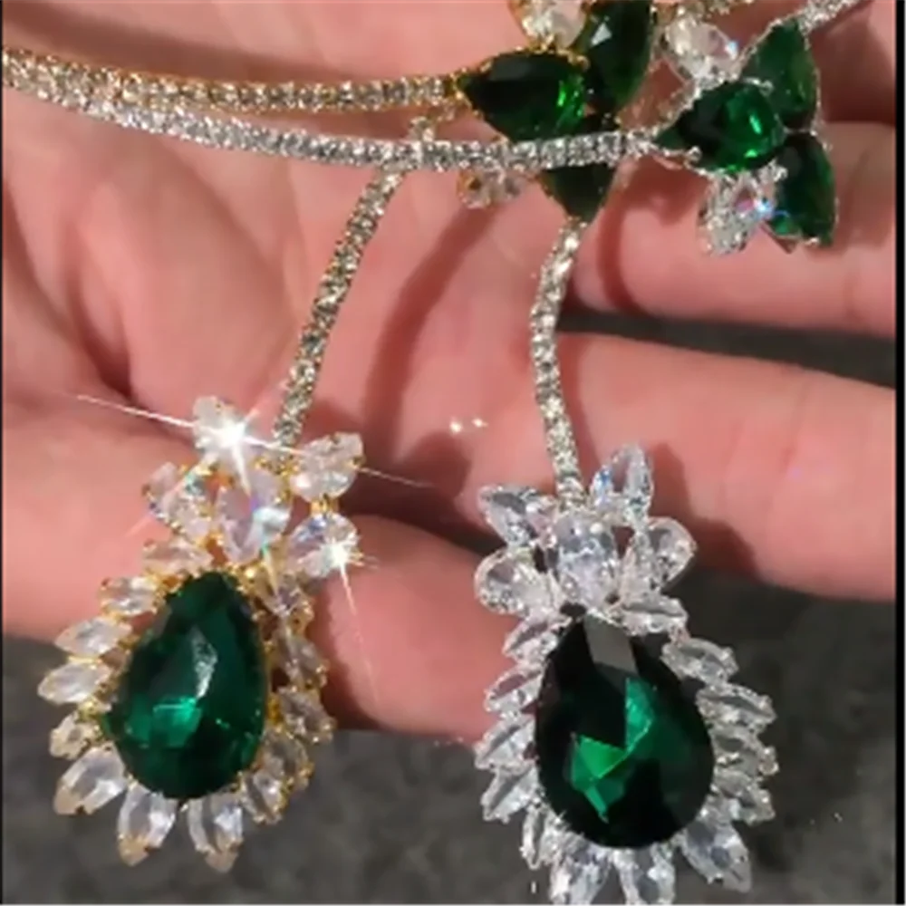 Vintage Rhinestone Green Zircon Flower Water Drop Open Choker Necklace