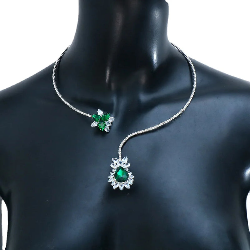 Vintage Rhinestone Green Zircon Flower Water Drop Open Choker Necklace