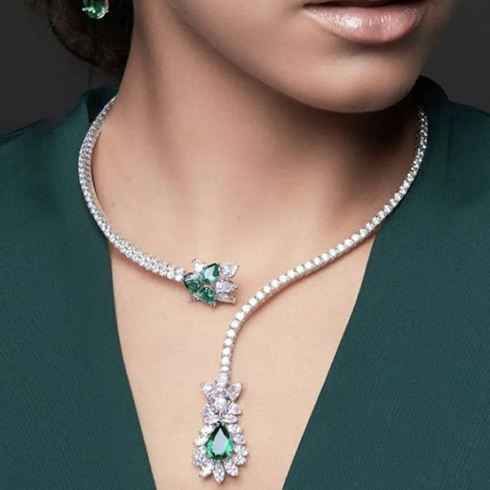 Vintage Rhinestone Green Zircon Flower Water Drop Open Choker Necklace