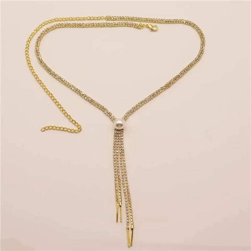 Rhinestone Pearl Tassel Necklace All-Match Party Dance Jewelry