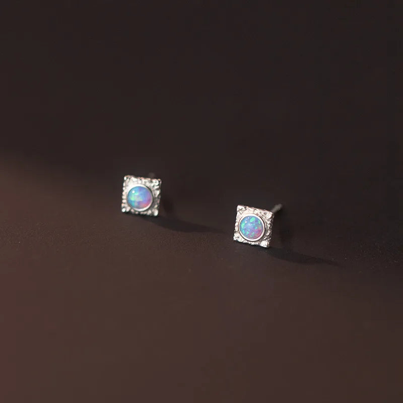 925 Silver Opal Square Hoop Earrings Women OL Minimalist Jewelry