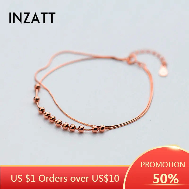 925 Sterling Silver Double Snake Chain 3mm Rose Bead Bracelet