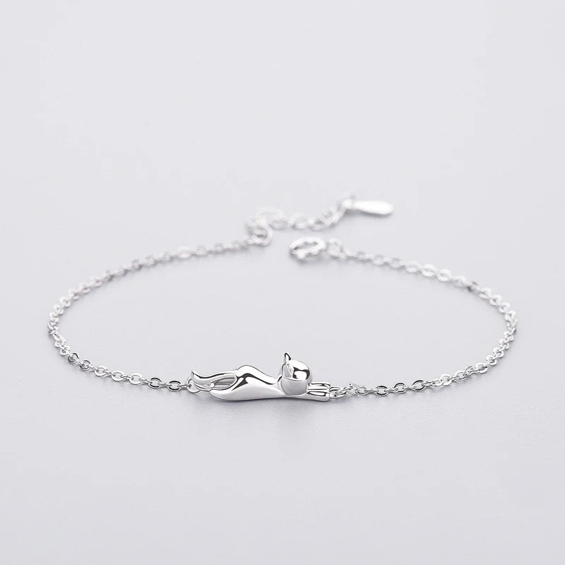 Punk Tiny Cat Bracelet 925 Sterling Silver Chain Link Jewelry Gift