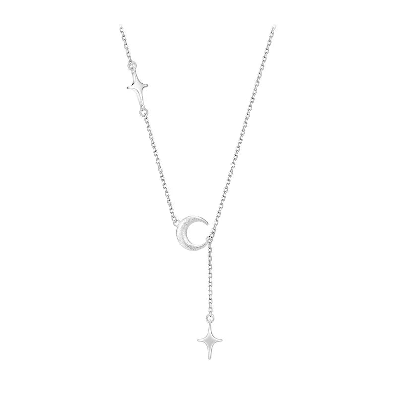 925 Sterling Silver Moon Star Tassel Choker Necklace Women Fine Jewelry