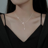 925 Sterling Silver Moon Star Tassel Choker Necklace Women Fine Jewelry