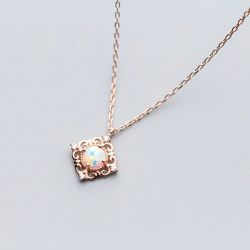 925 Sterling Silver Opal Geometric Choker Necklace