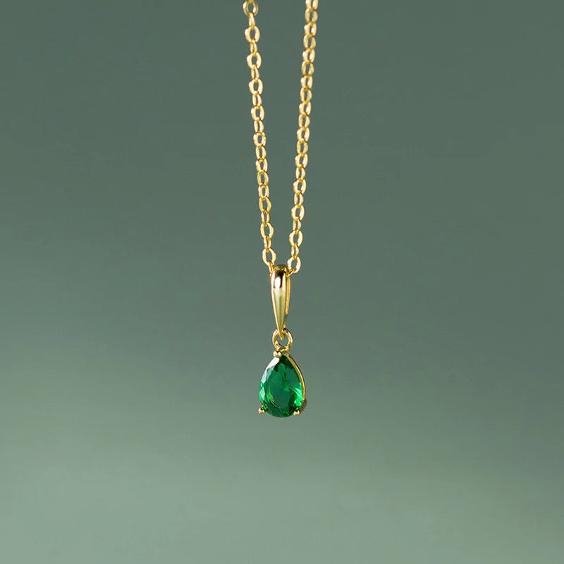 925 Silver 18K Water Drop Green Zircon Pendant Choker Necklace