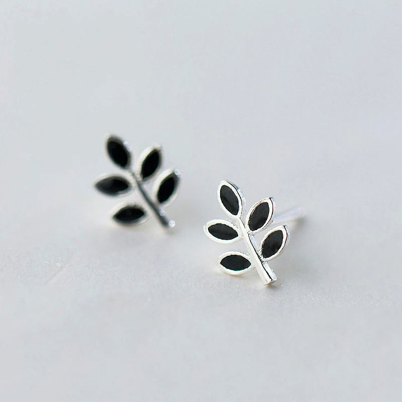 Enamel Tiny Leaf Tree Stud Earrings 925 Sterling Silver For Women