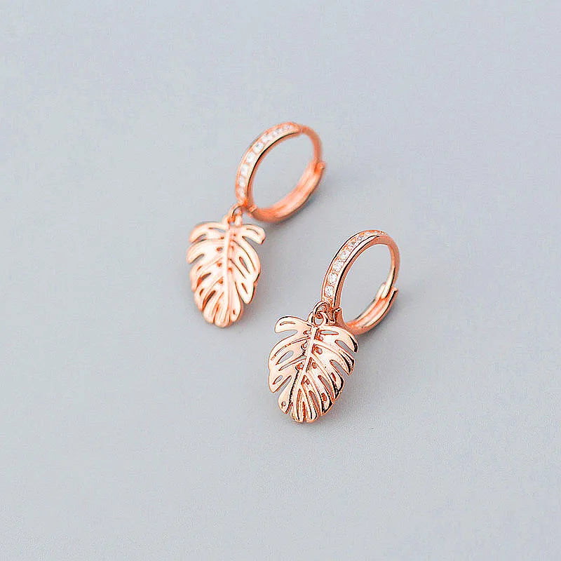 Monstera Leaf Zircon Hoop Earrings 925 Silver Rose Jewelry