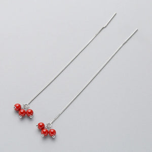 925 Sterling Silver Tassel Dangle Earrings Red Ball Party Gift Bijoux